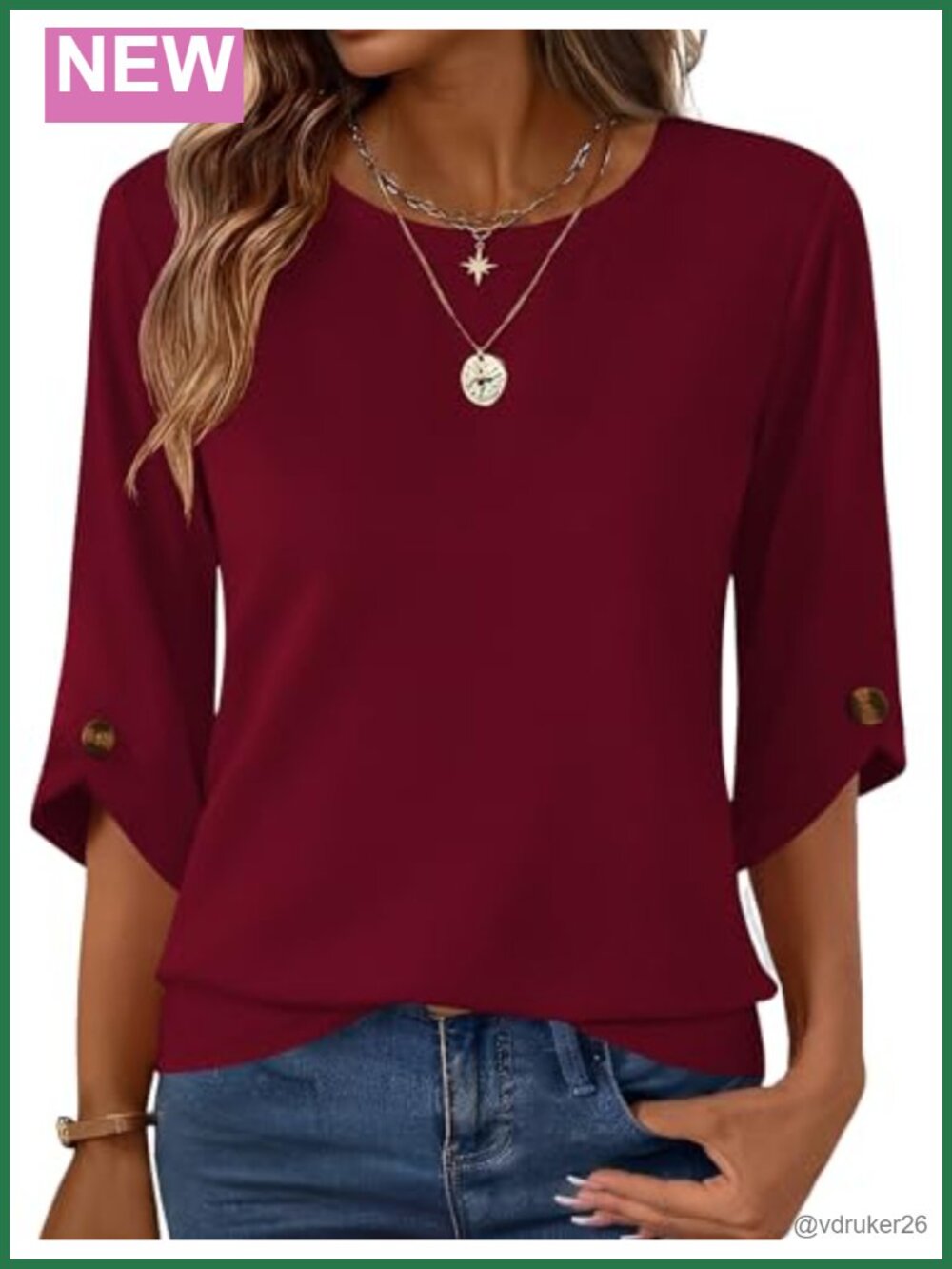 Womens 3/4 Sleeve Crew Neck Tunic Blouse Bell Sleeve Office Top